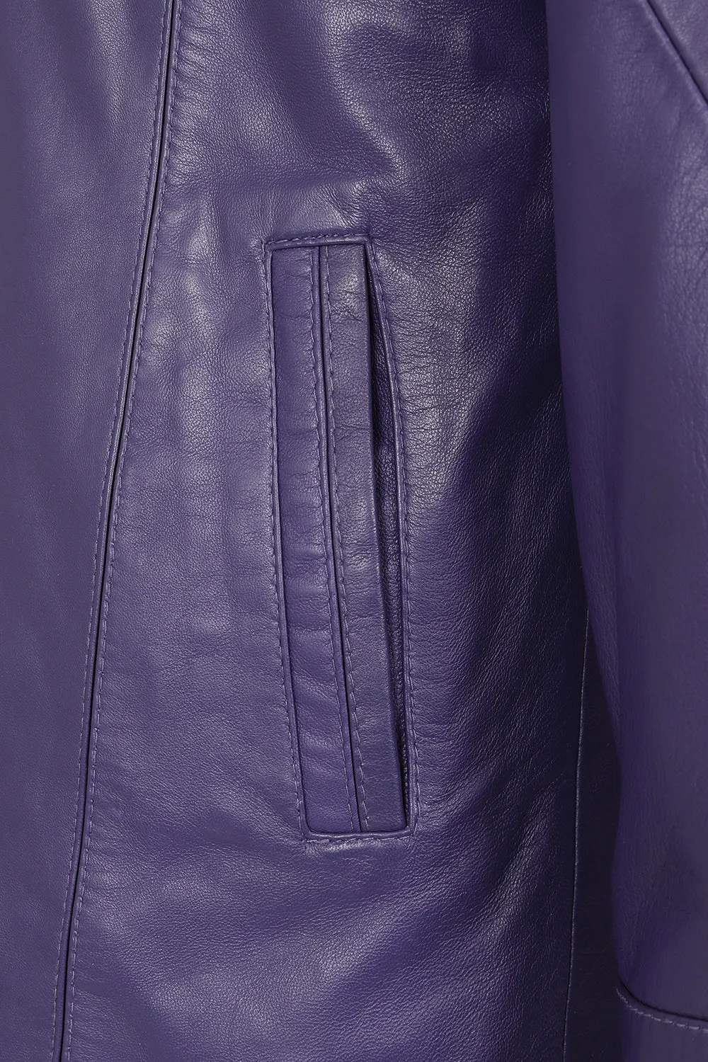 Women's Quality Purple Leather Hip Length Coat with Fur Trimmed Detachable Hood - 'CARLA'