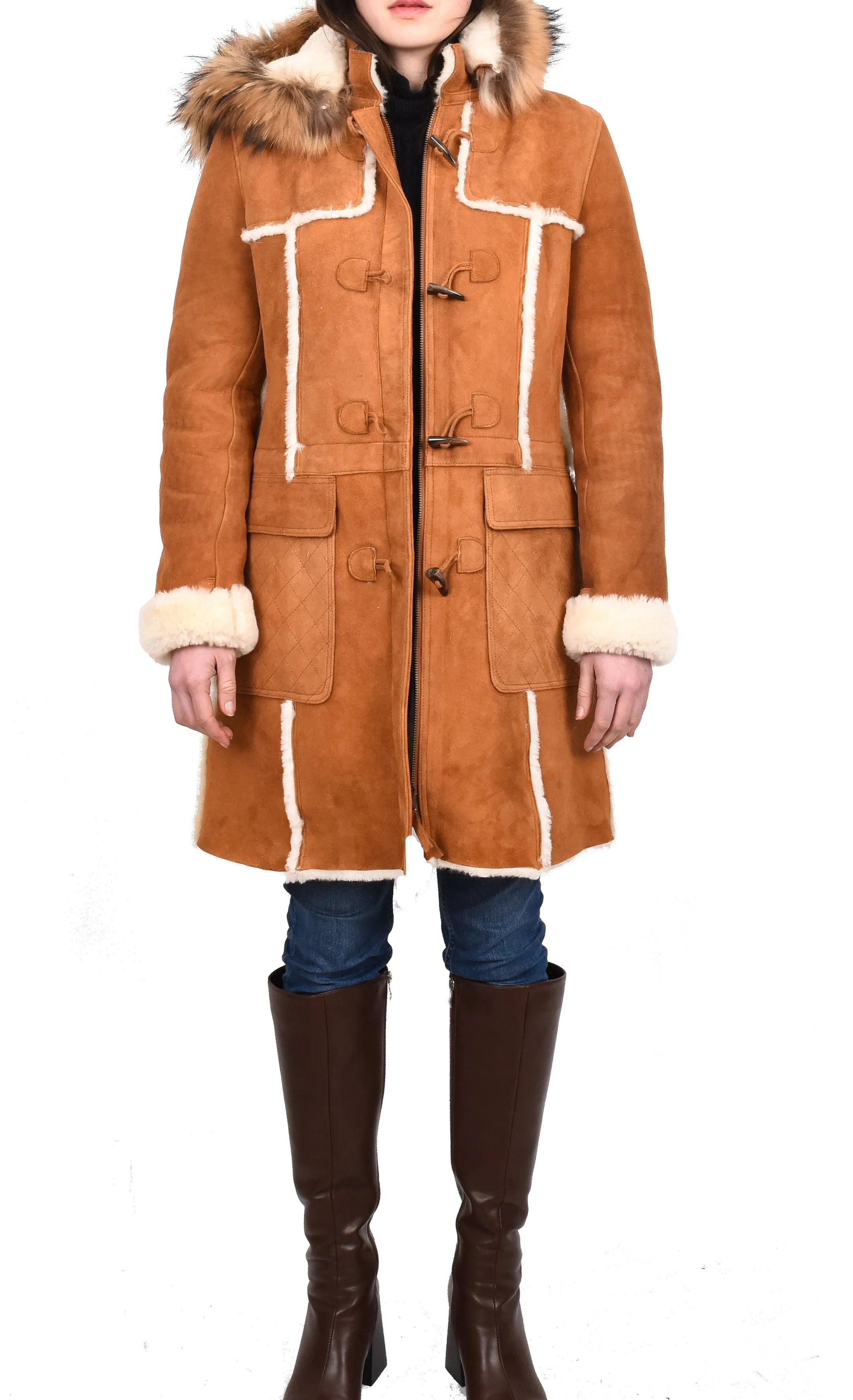 Women's Real Shearling Sheepskin Italian Classic Coat Tan Birna