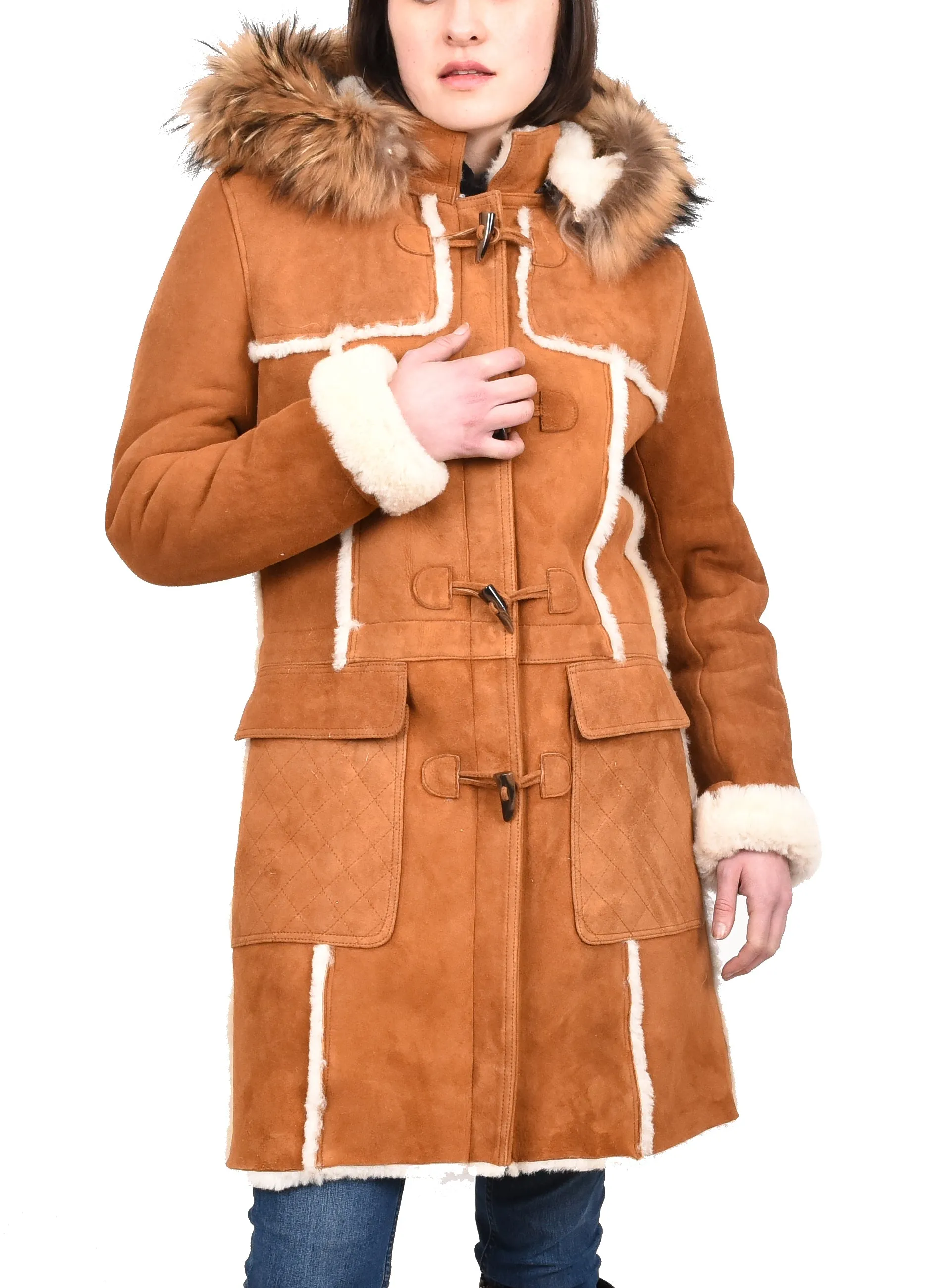 Women's Real Shearling Sheepskin Italian Classic Coat Tan Birna