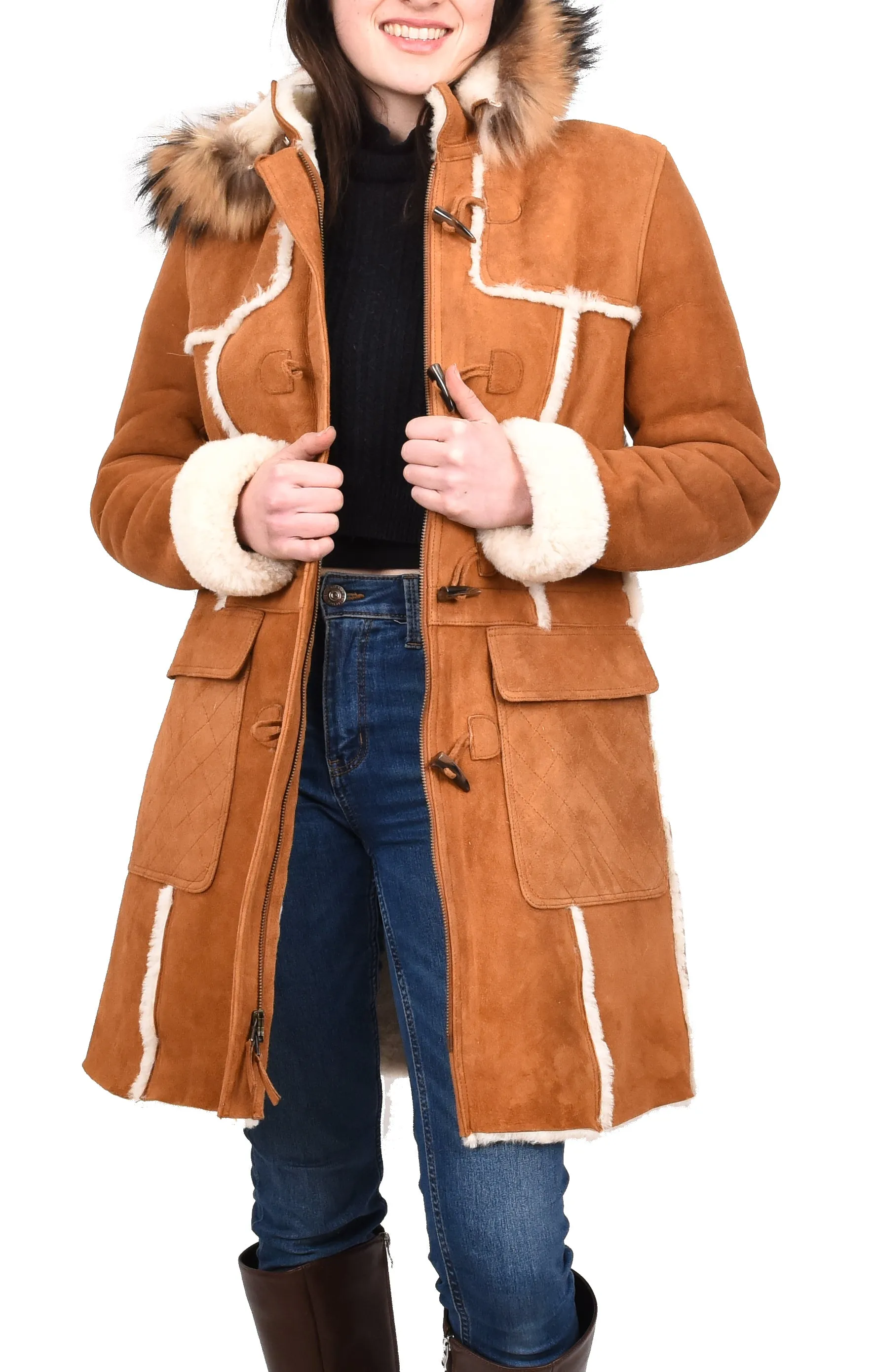 Women's Real Shearling Sheepskin Italian Classic Coat Tan Birna