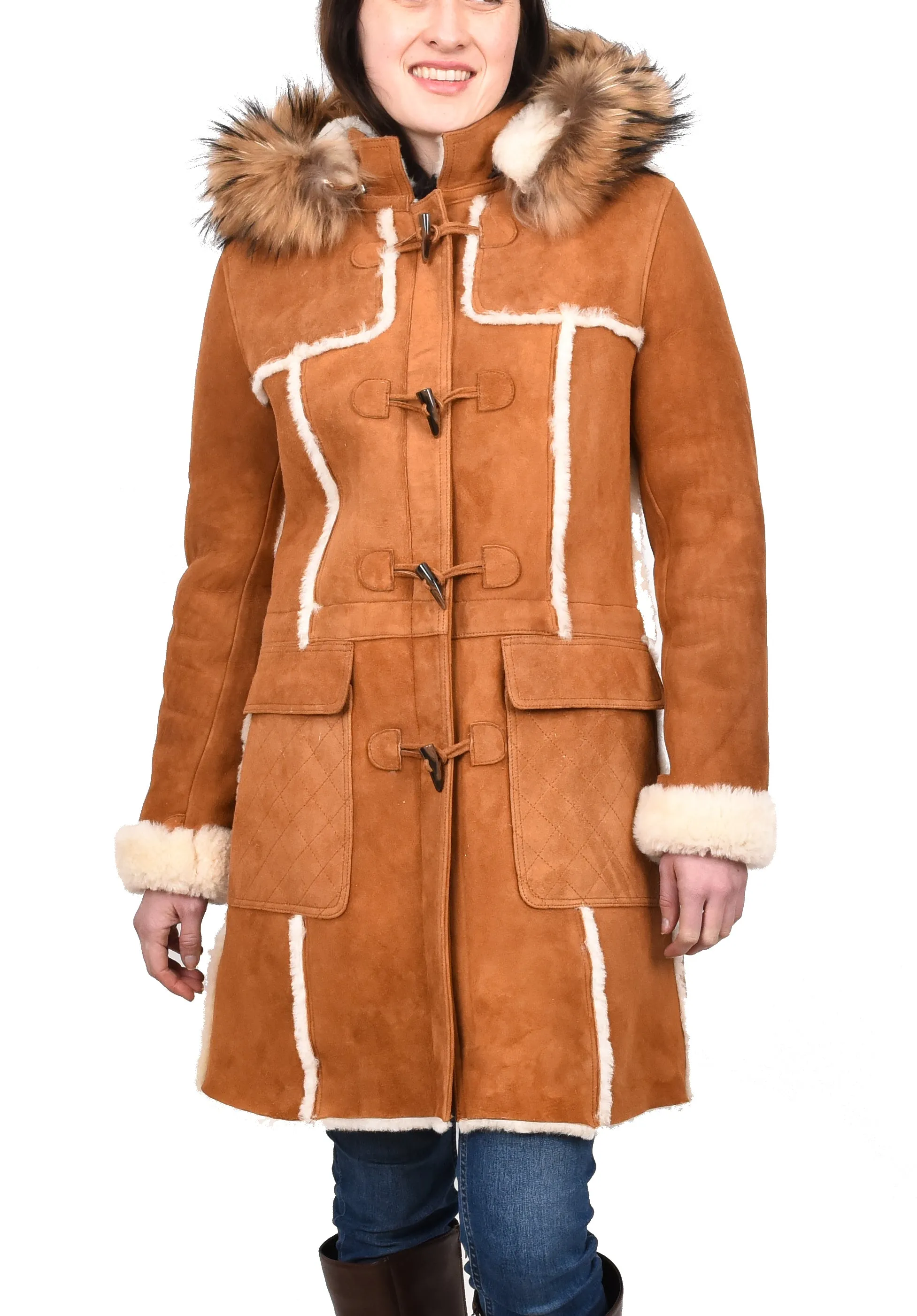 Women's Real Shearling Sheepskin Italian Classic Coat Tan Birna