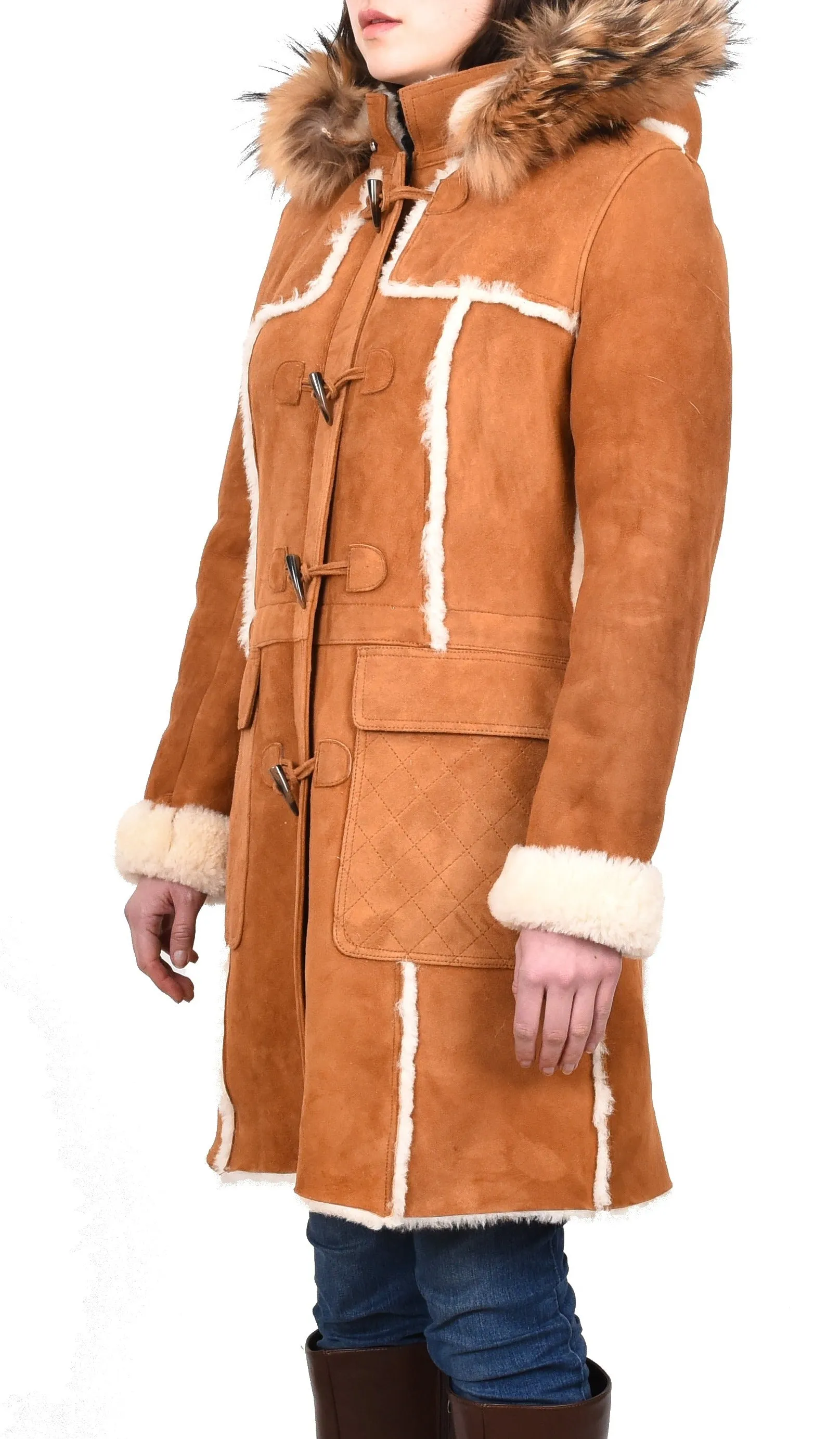 Women's Real Shearling Sheepskin Italian Classic Coat Tan Birna