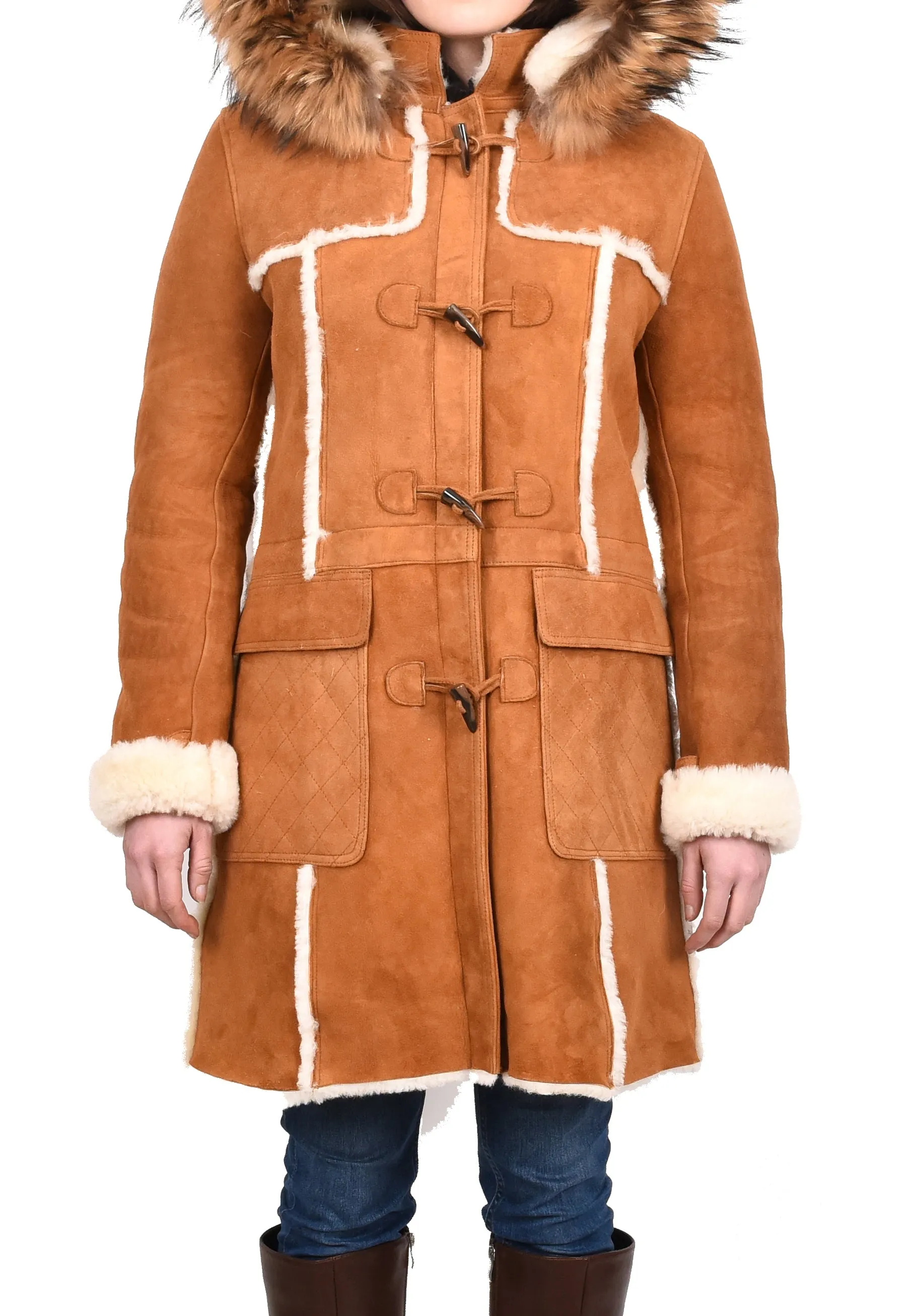 Women's Real Shearling Sheepskin Italian Classic Coat Tan Birna