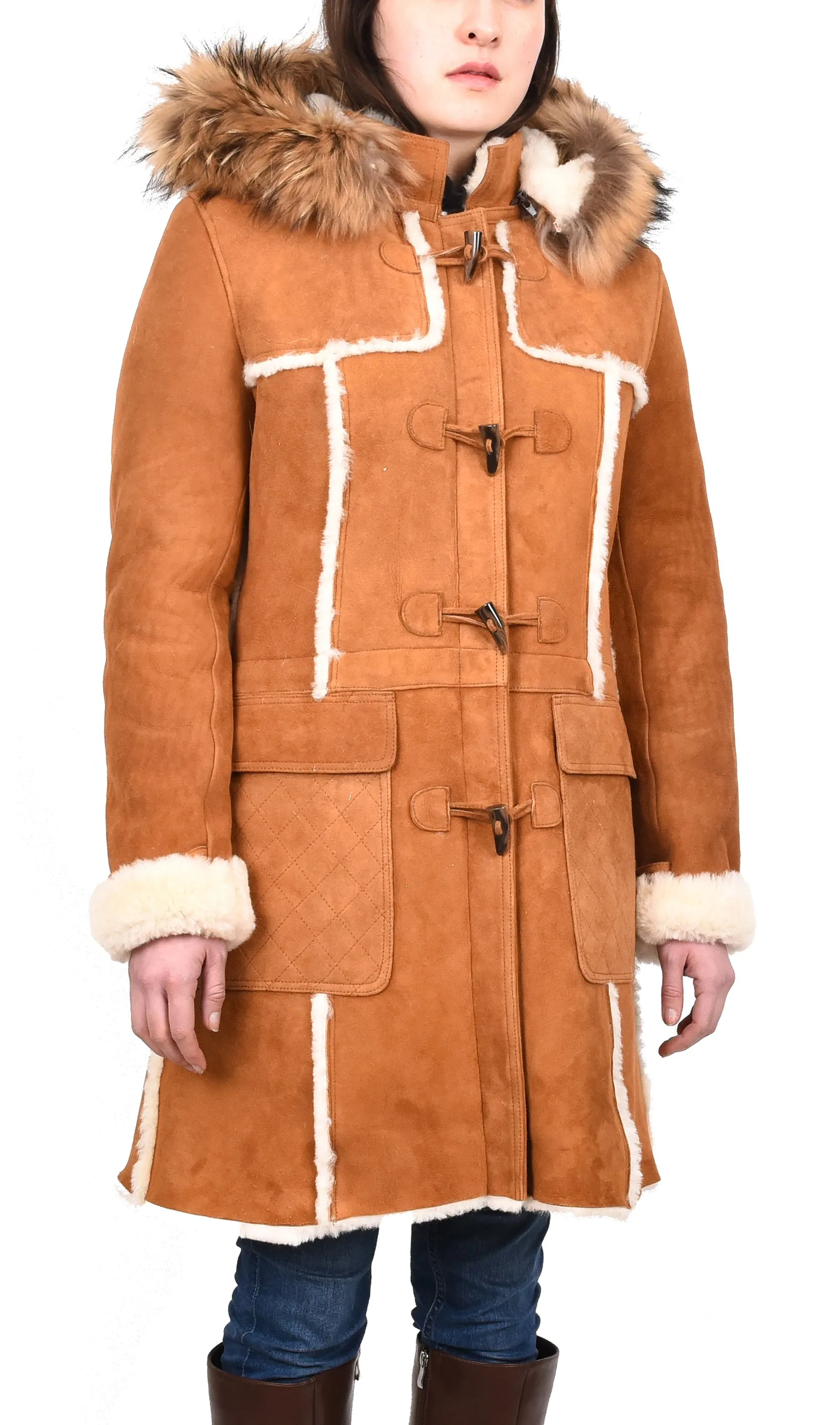 Women's Real Shearling Sheepskin Italian Classic Coat Tan Birna