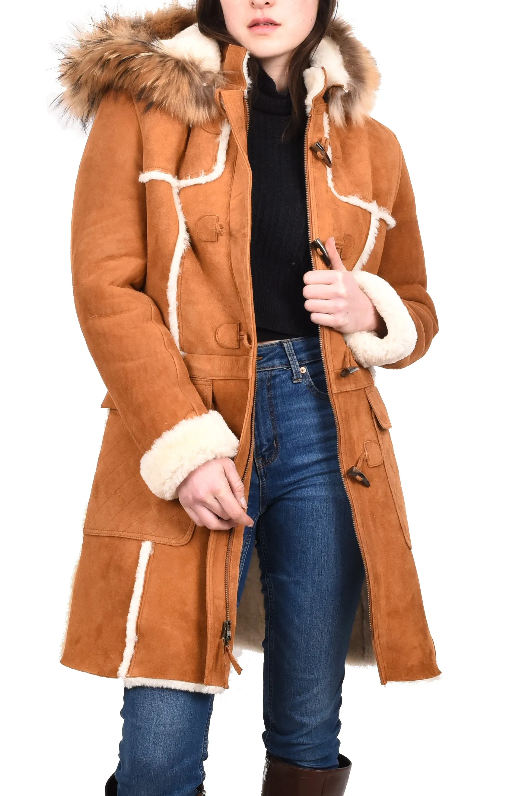 Women's Real Shearling Sheepskin Italian Classic Coat Tan Birna