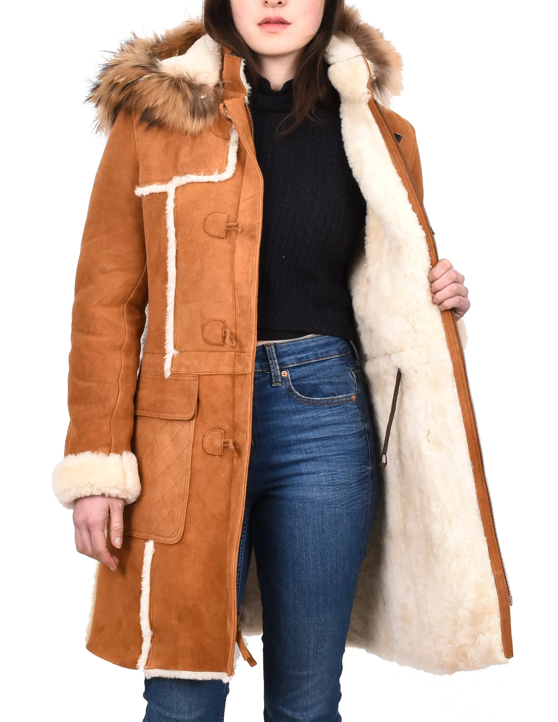 Women's Real Shearling Sheepskin Italian Classic Coat Tan Birna