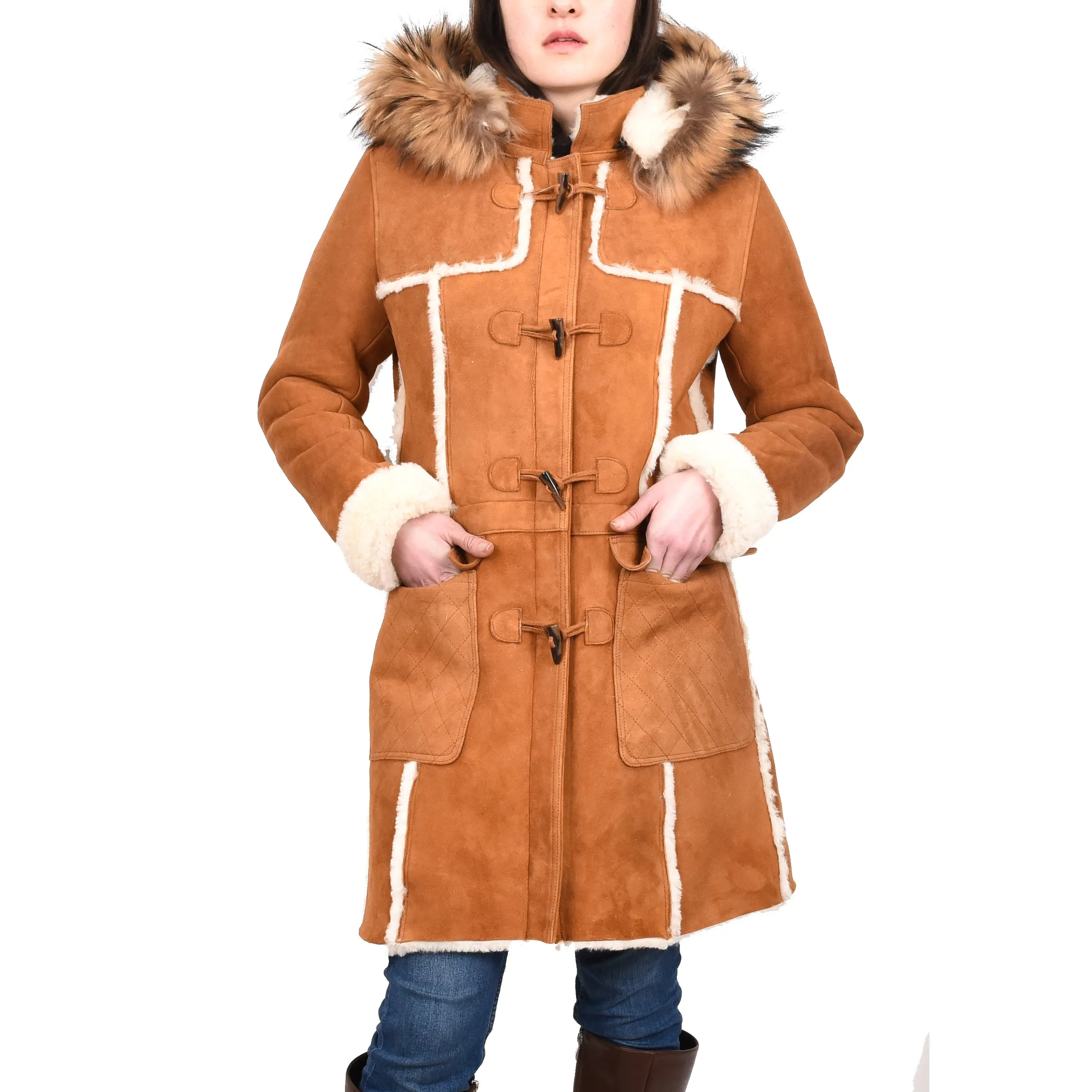 Women's Real Shearling Sheepskin Italian Classic Coat Tan Birna