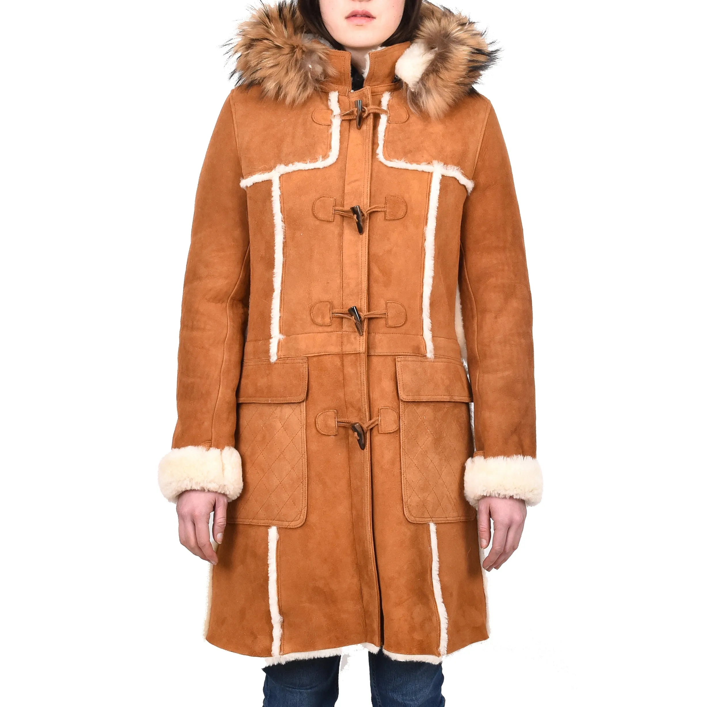 Women's Real Shearling Sheepskin Italian Classic Coat Tan Birna