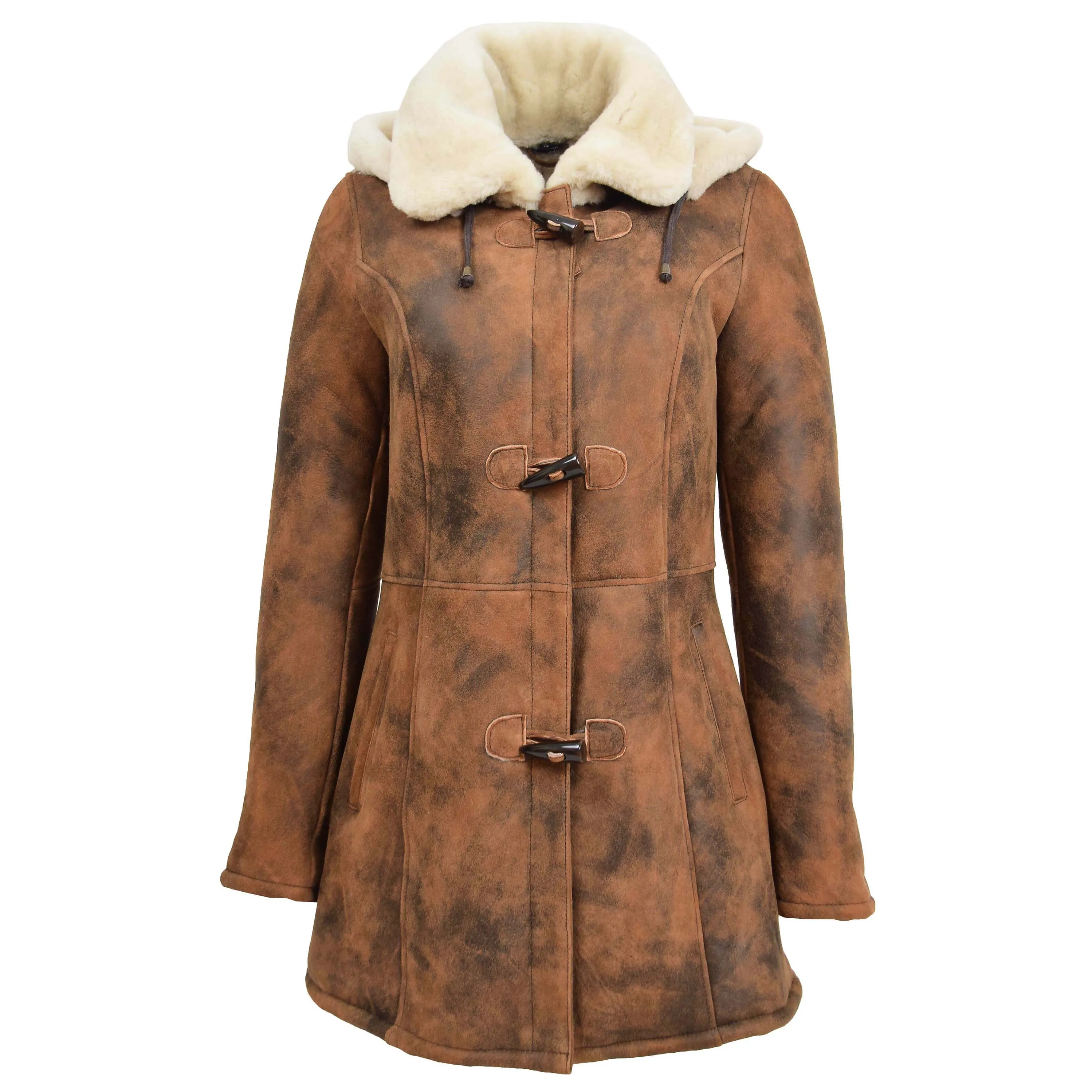 Womens Real Sheepskin Duffle Coat Hooded Shearling Jacket Armas Cognac