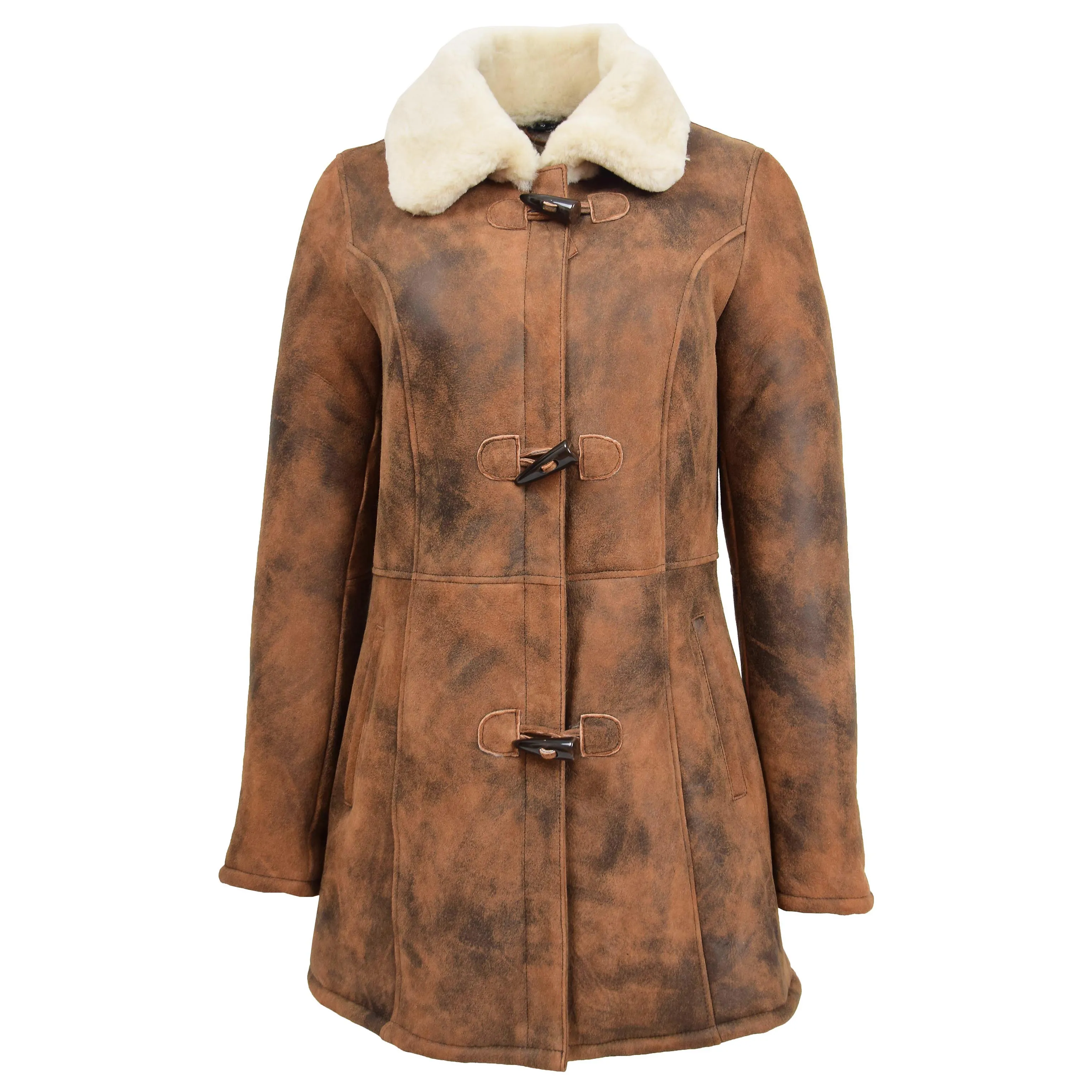 Womens Real Sheepskin Duffle Coat Hooded Shearling Jacket Armas Cognac