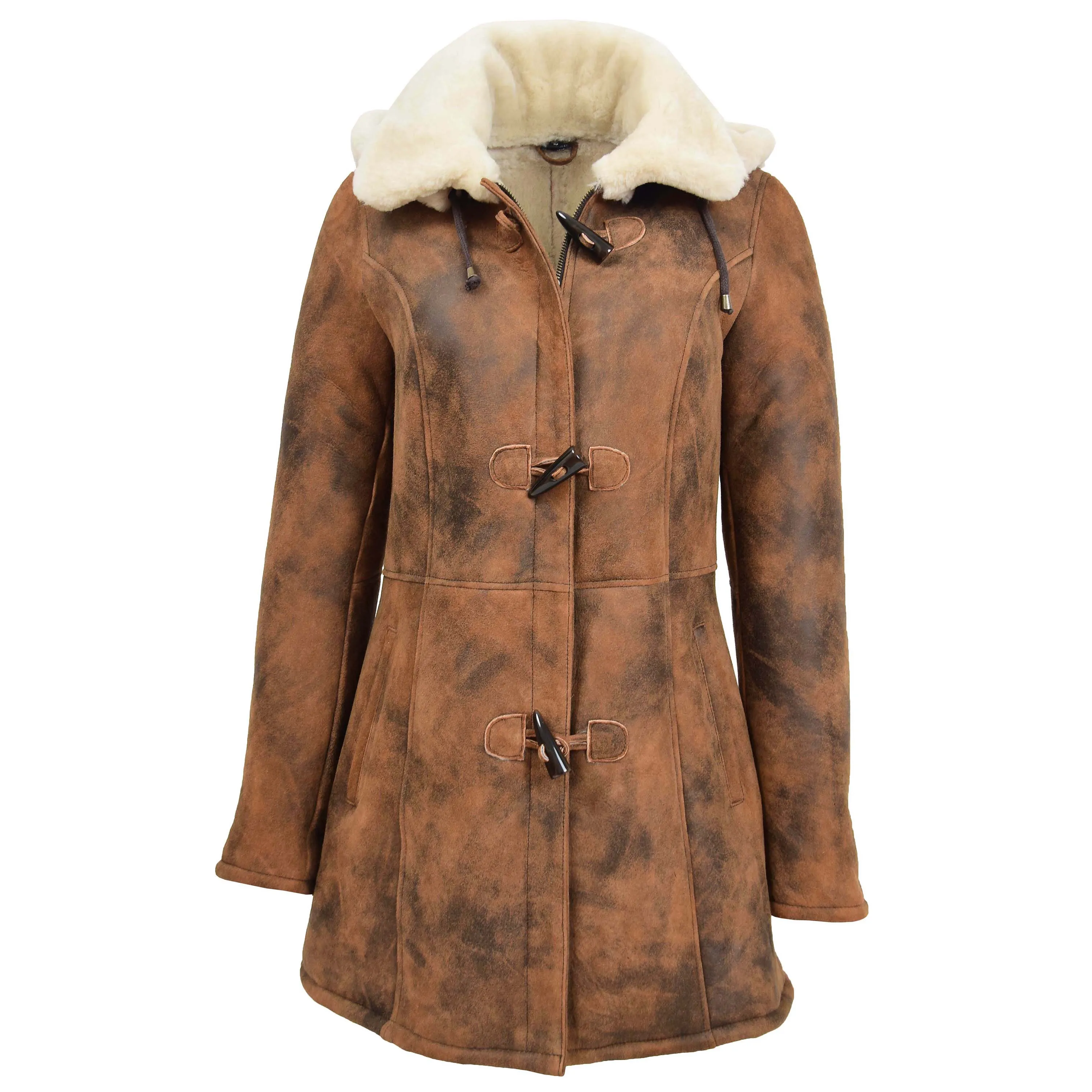 Womens Real Sheepskin Duffle Coat Hooded Shearling Jacket Armas Cognac