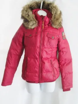 Womens TRUE RELIGION Puffer Jacket Coat Down Ski CHERRY RED XS Hood Faux Fur