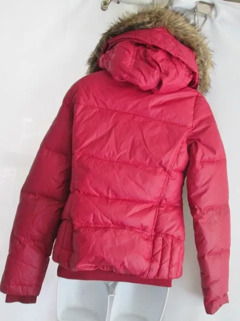 Womens TRUE RELIGION Puffer Jacket Coat Down Ski CHERRY RED XS Hood Faux Fur