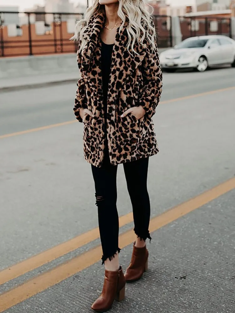 Women's Warm Faux Fur Winter Coat with Leopard Design | Ideal for Autumn/Winter