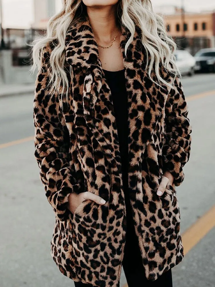 Women's Warm Faux Fur Winter Coat with Leopard Design | Ideal for Autumn/Winter