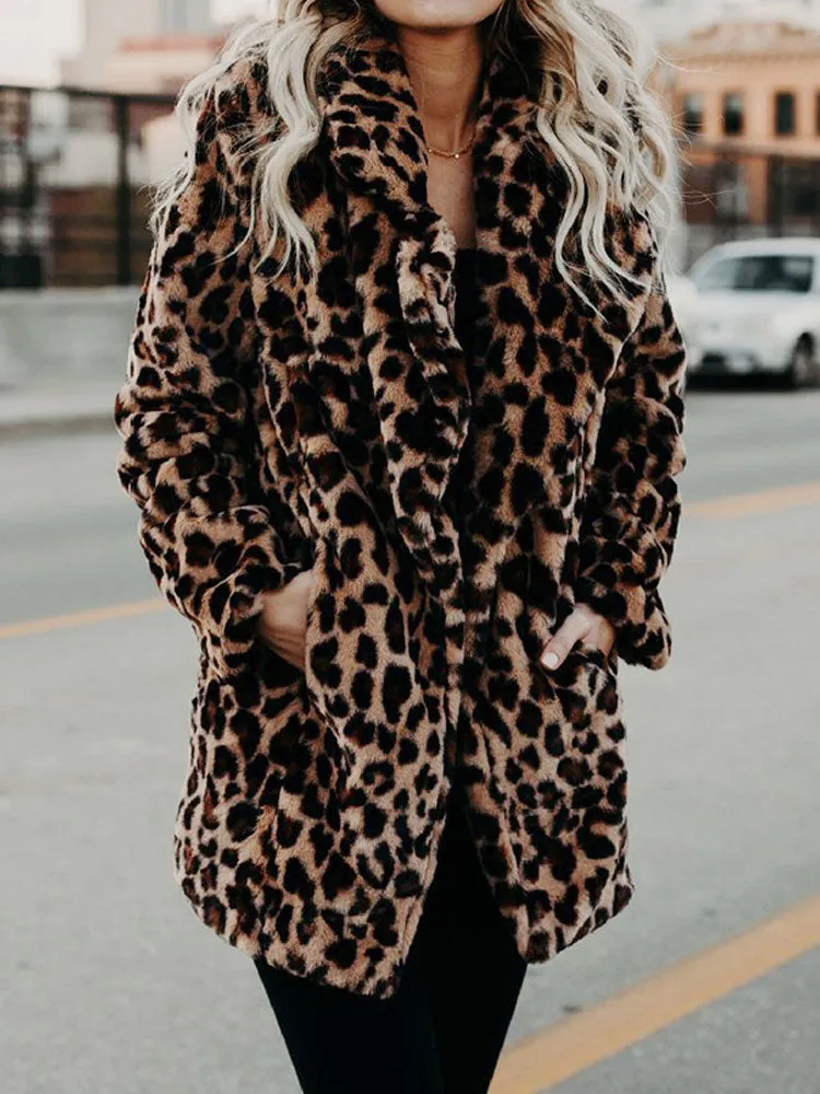 Women's Warm Faux Fur Winter Coat with Leopard Design | Ideal for Autumn/Winter