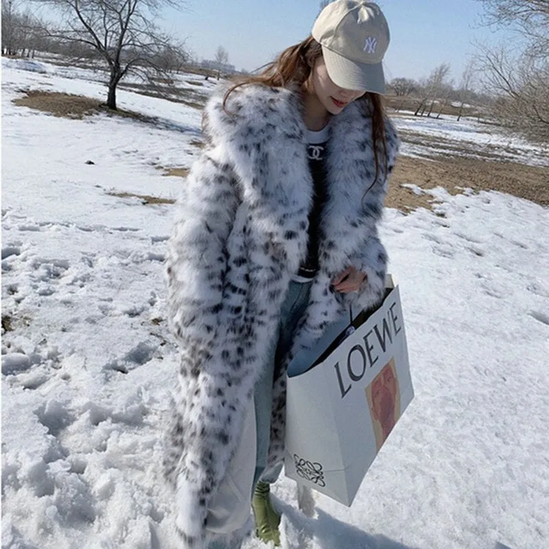 Women's Winter White Leopard Print Faux Fur Long Coat