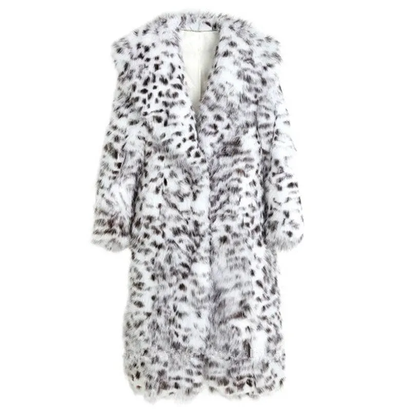 Women's Winter White Leopard Print Faux Fur Long Coat