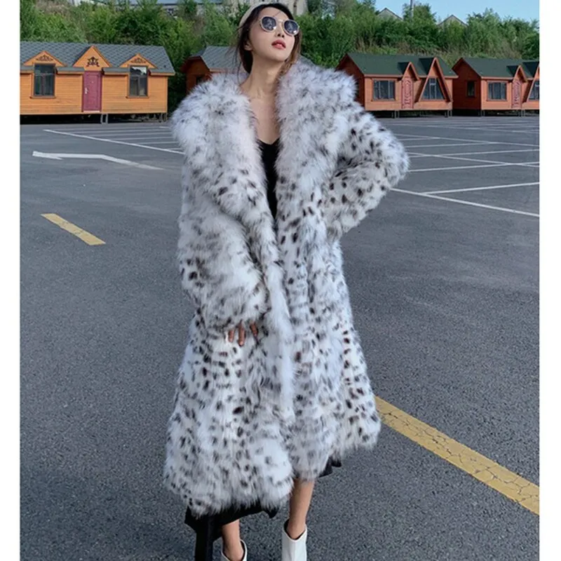 Women's Winter White Leopard Print Faux Fur Long Coat