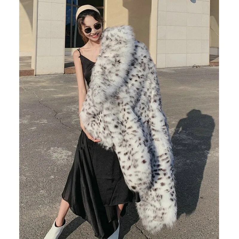 Women's Winter White Leopard Print Faux Fur Long Coat