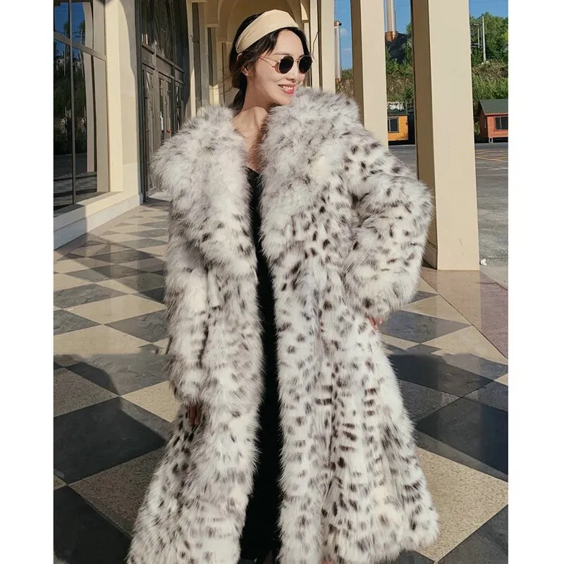 Women's Winter White Leopard Print Faux Fur Long Coat