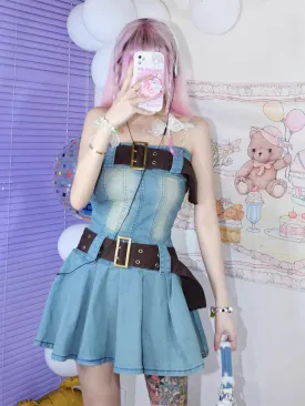 Y2K Denim Pleated Dress with Brown Belts Sexy Punk Rock Girl Summer