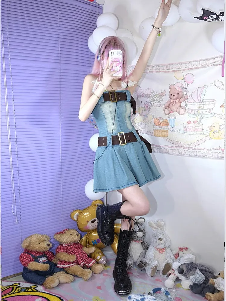 Y2K Denim Pleated Dress with Brown Belts Sexy Punk Rock Girl Summer