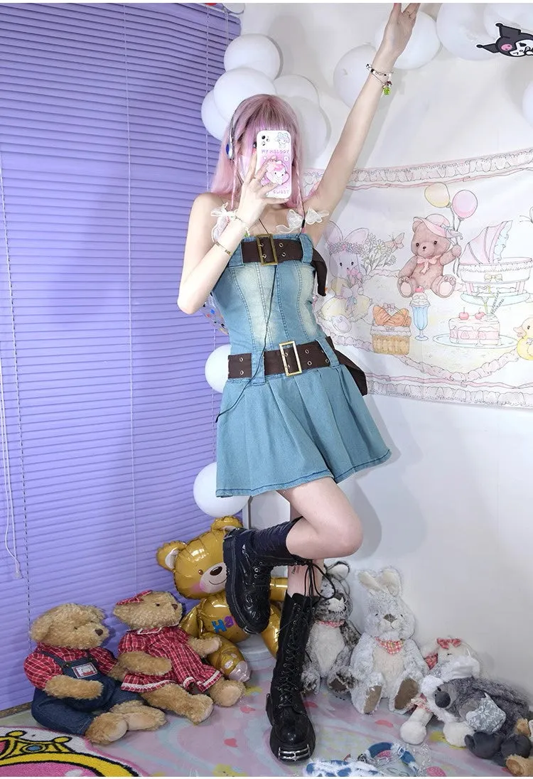 Y2K Denim Pleated Dress with Brown Belts Sexy Punk Rock Girl Summer