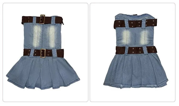 Y2K Denim Pleated Dress with Brown Belts Sexy Punk Rock Girl Summer