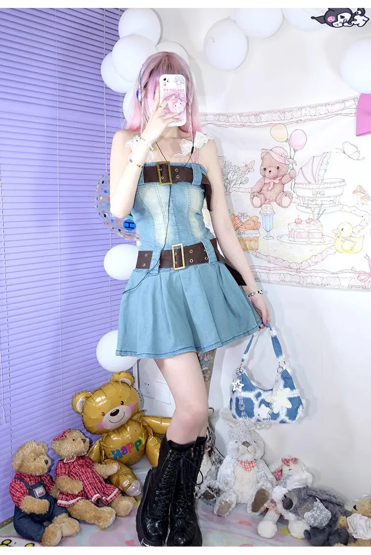 Y2K Denim Pleated Dress with Brown Belts Sexy Punk Rock Girl Summer