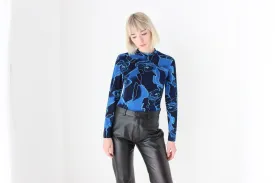 Y2K Psychedelic Blue Abstract Stretch Fitted Long Sleeve Top