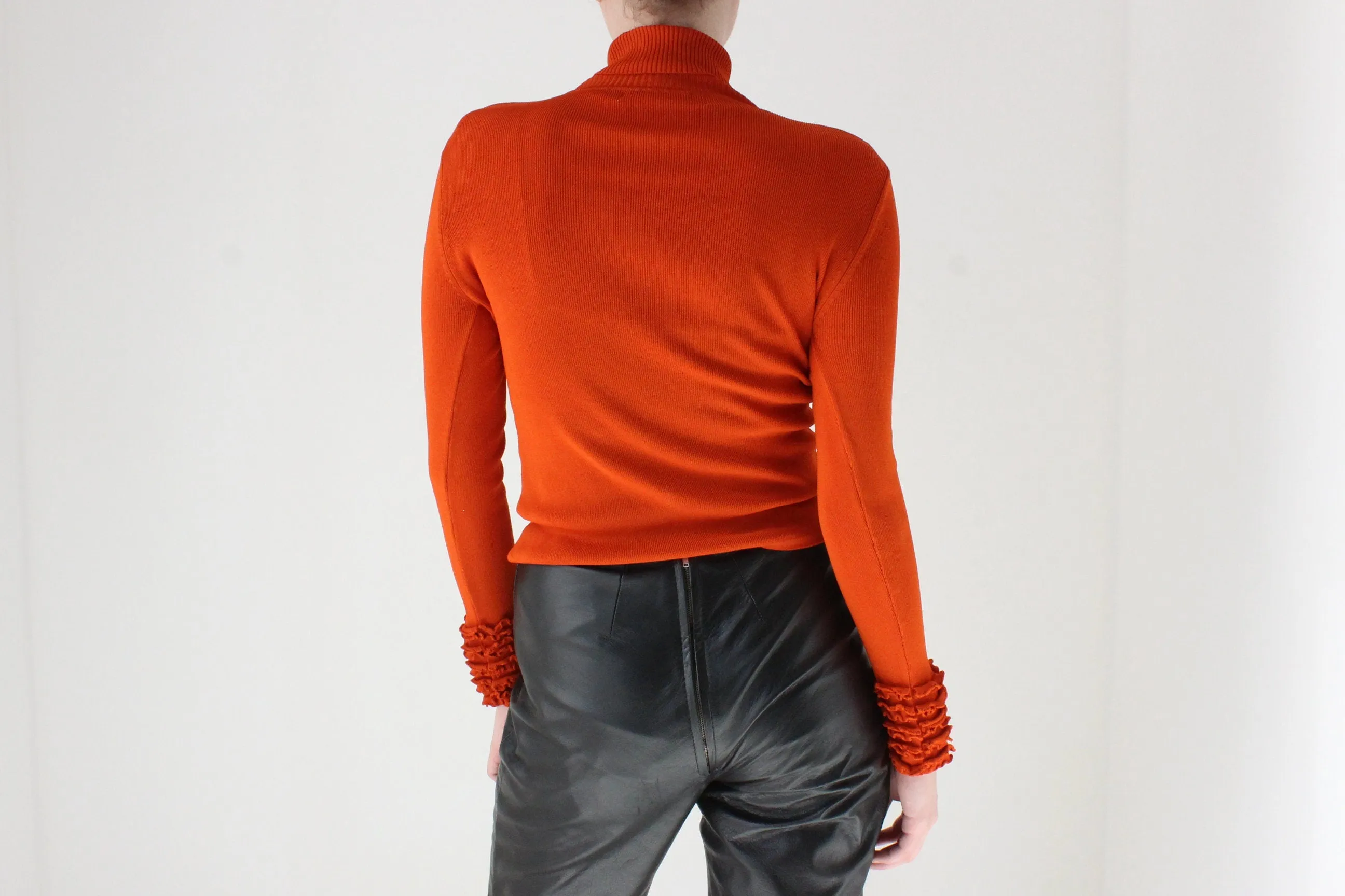 Y2K Rich Orange Turtle Neck Sweater w/ Ruffled Wrists