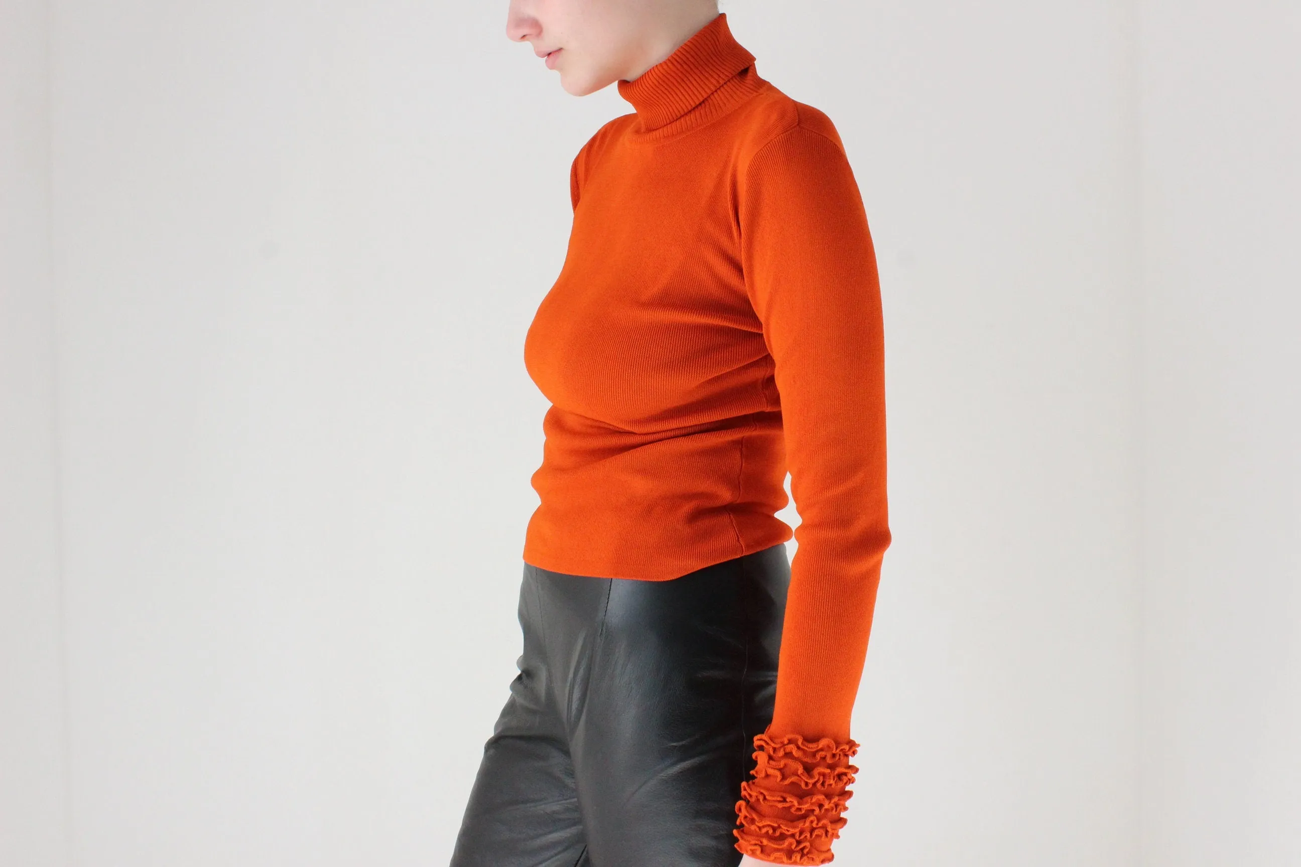 Y2K Rich Orange Turtle Neck Sweater w/ Ruffled Wrists