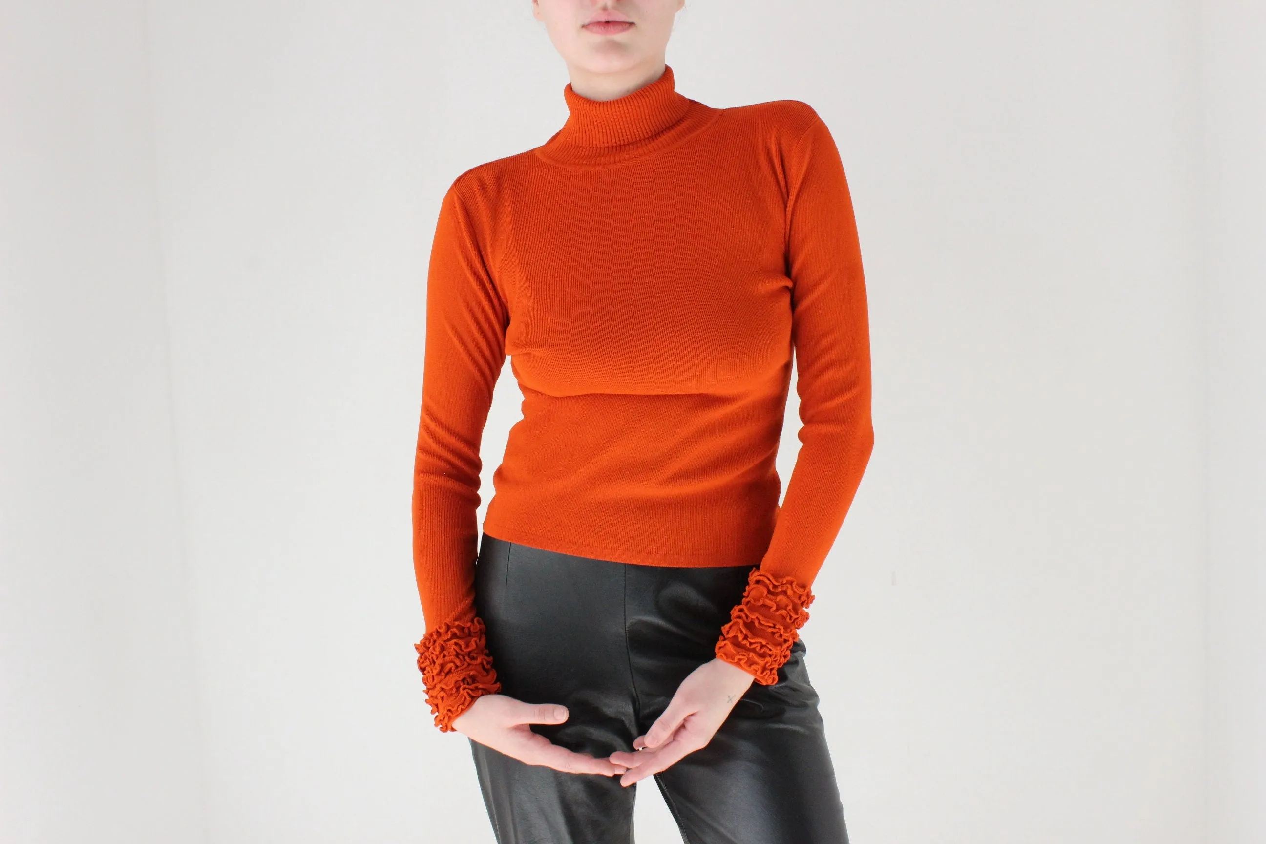 Y2K Rich Orange Turtle Neck Sweater w/ Ruffled Wrists