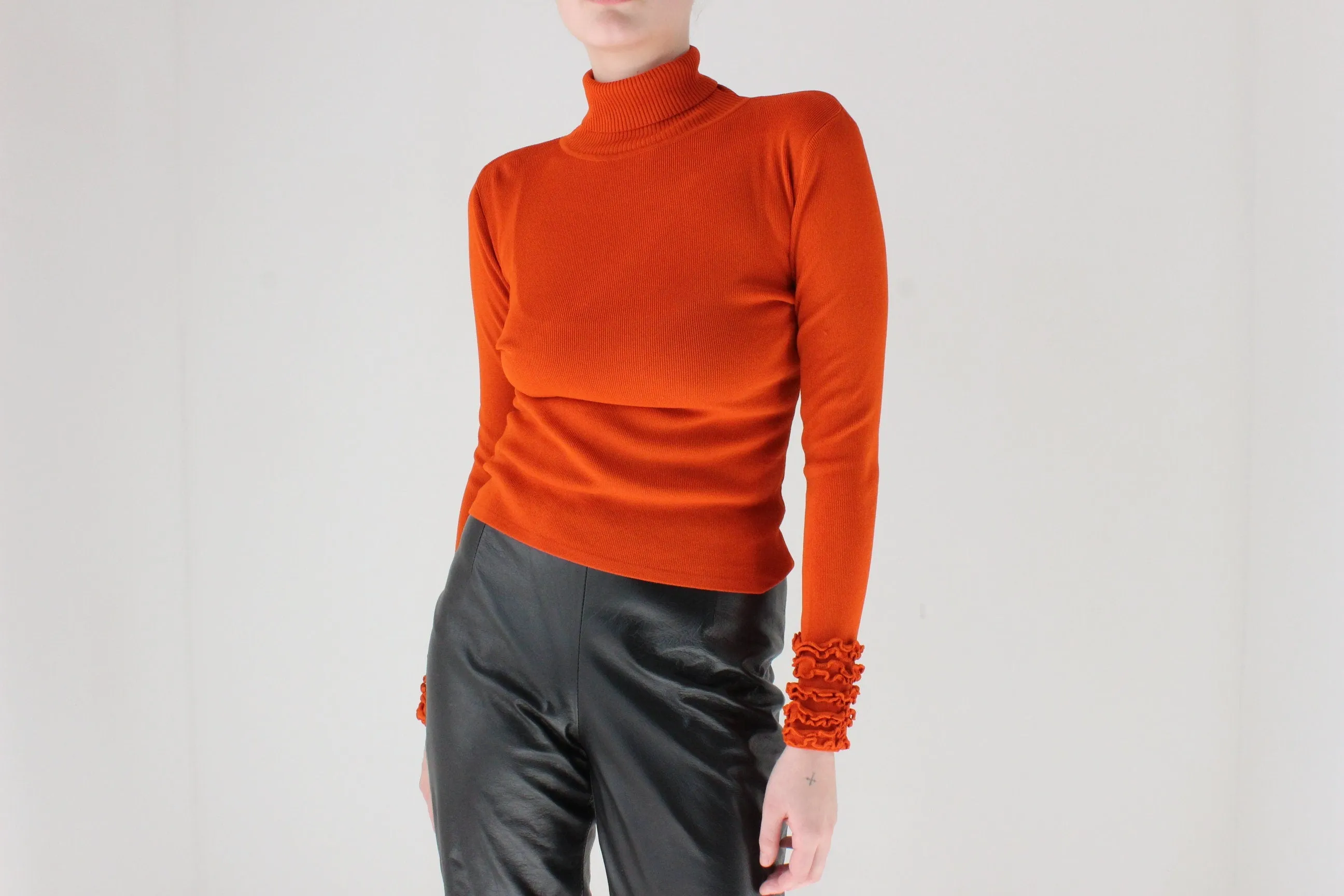 Y2K Rich Orange Turtle Neck Sweater w/ Ruffled Wrists