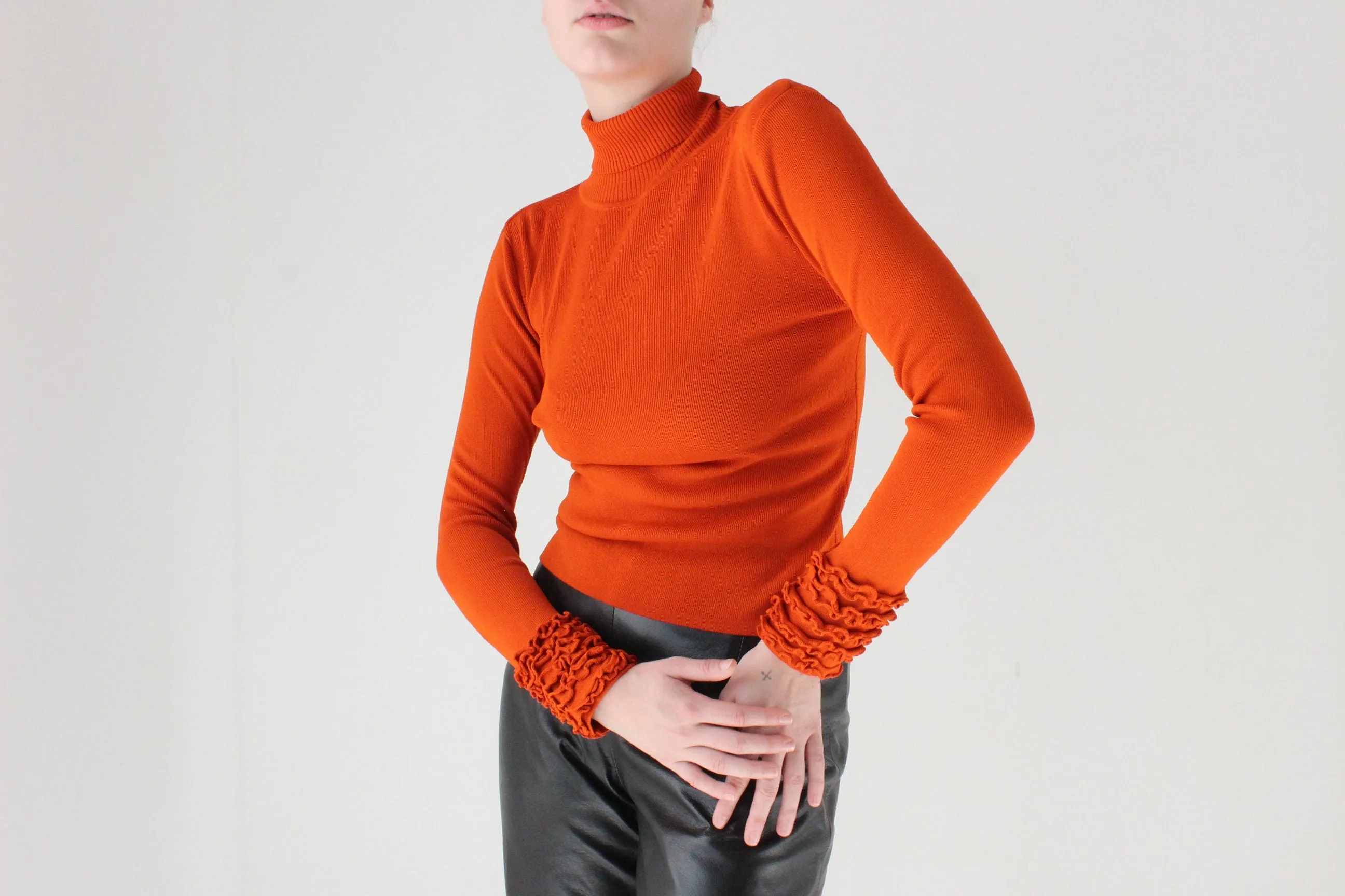 Y2K Rich Orange Turtle Neck Sweater w/ Ruffled Wrists