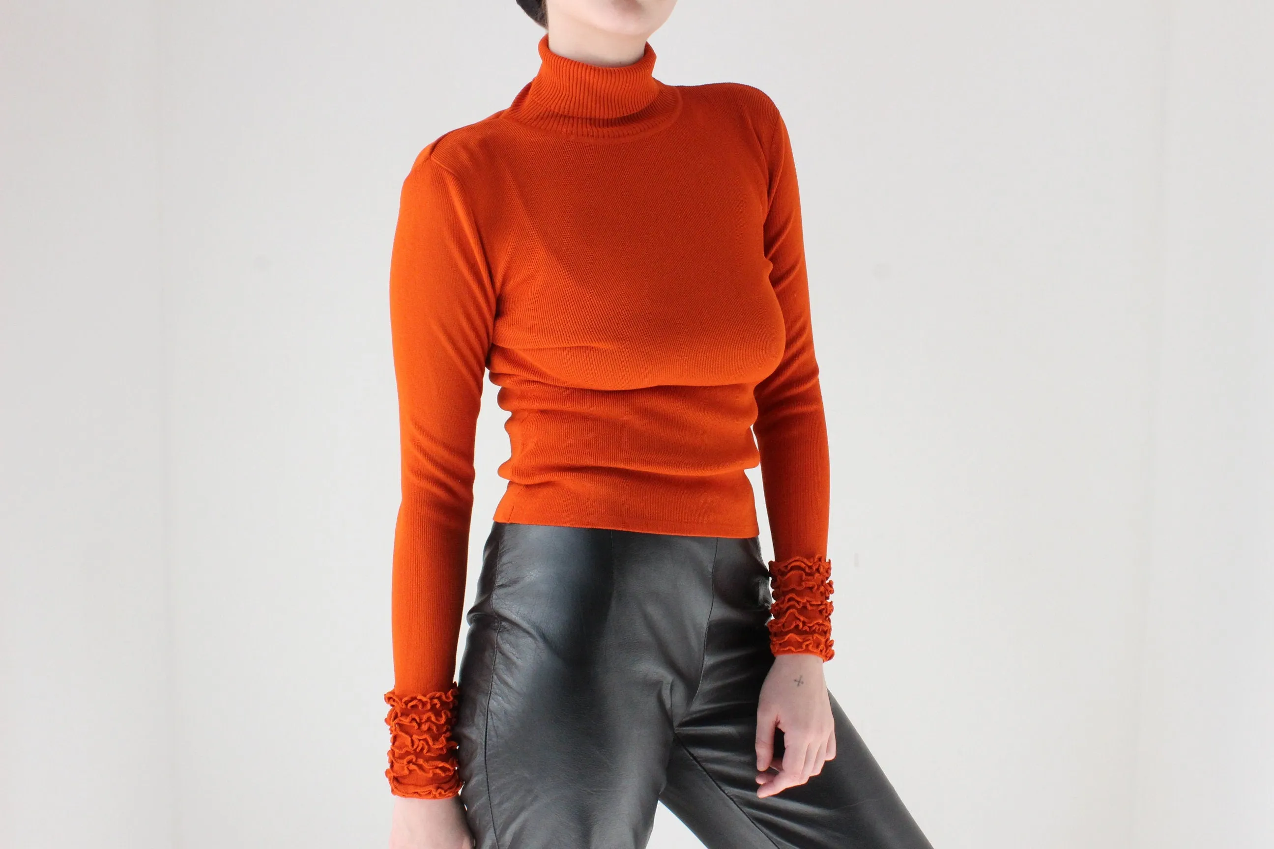 Y2K Rich Orange Turtle Neck Sweater w/ Ruffled Wrists