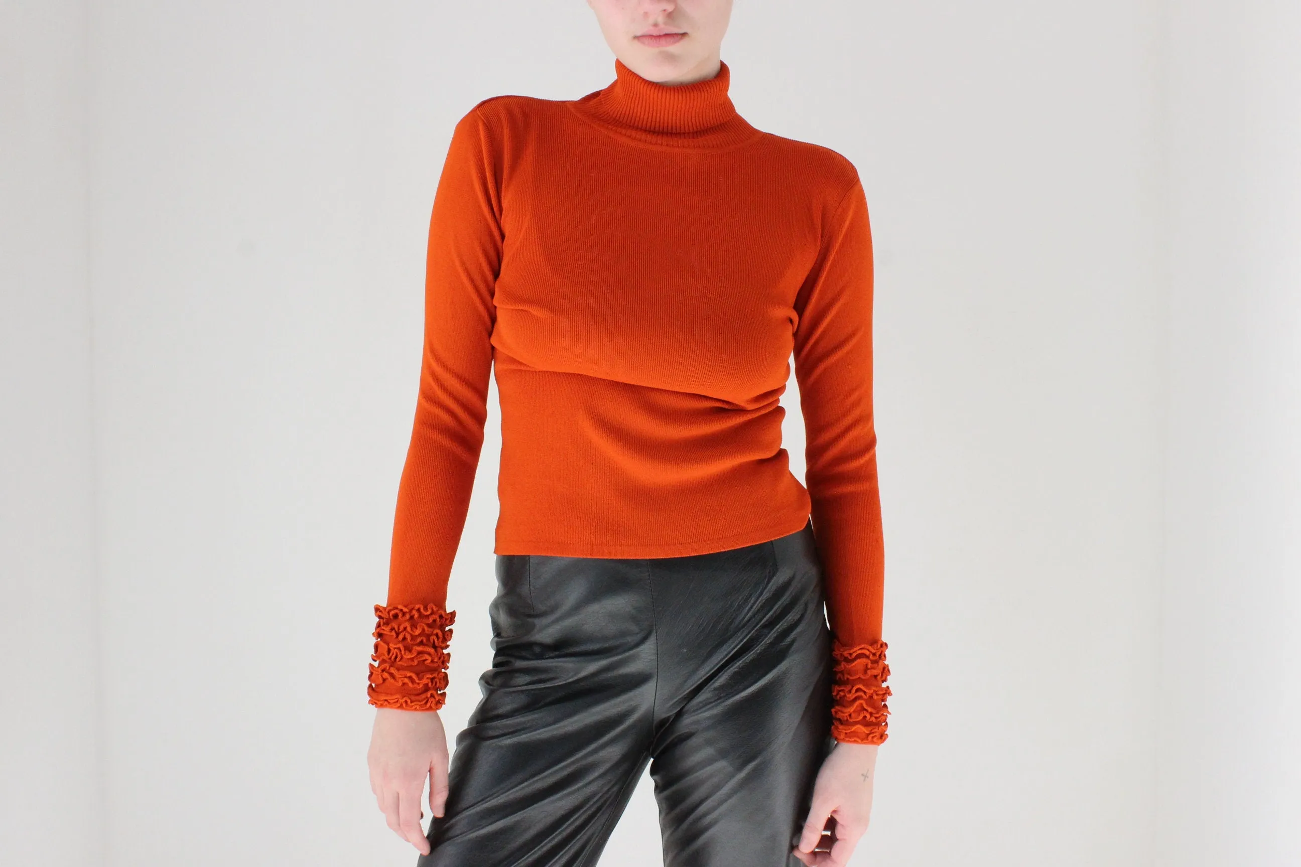 Y2K Rich Orange Turtle Neck Sweater w/ Ruffled Wrists