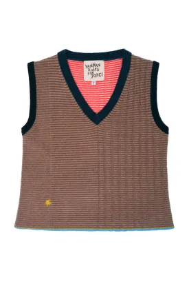 **YANYAN KNITS FOR JOYCE** Easy V-Neck Vest in Mink/Poppy Stripe Lambswool