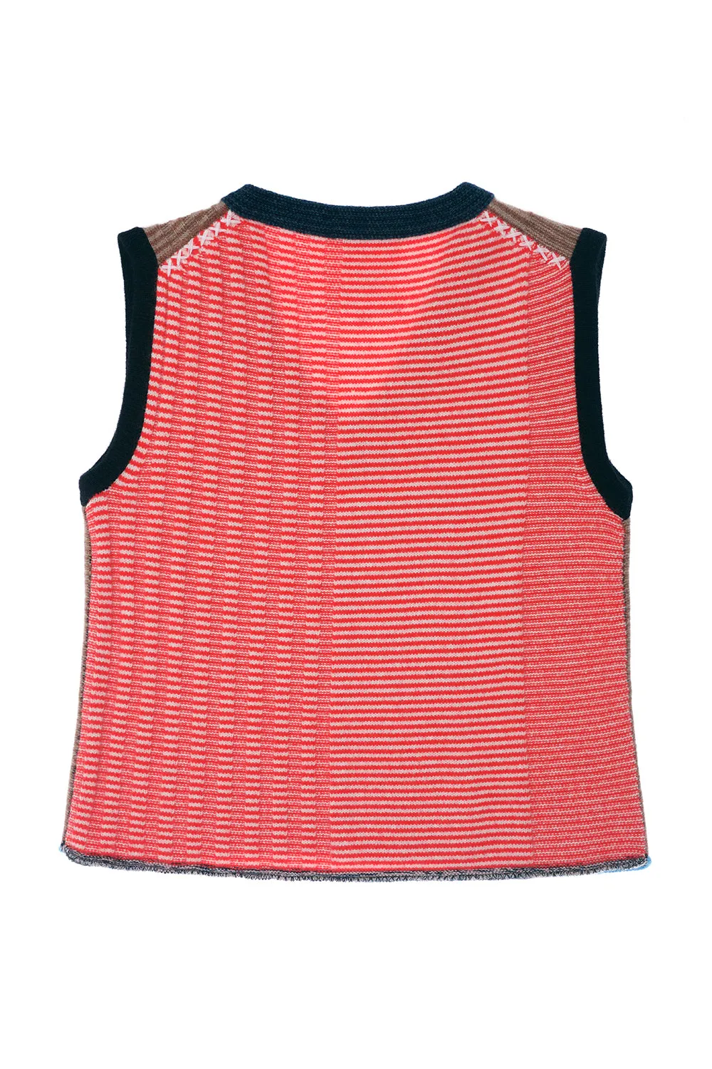 **YANYAN KNITS FOR JOYCE** Easy V-Neck Vest in Mink/Poppy Stripe Lambswool