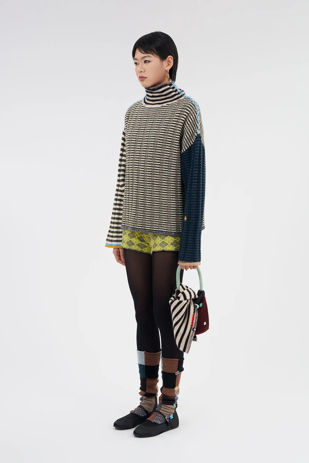 **YANYAN KNITS FOR JOYCE** Oversized Rib Turtleneck Pullover in Military/Navy Stripe Lambswool