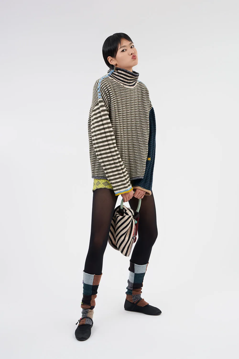 **YANYAN KNITS FOR JOYCE** Oversized Rib Turtleneck Pullover in Military/Navy Stripe Lambswool