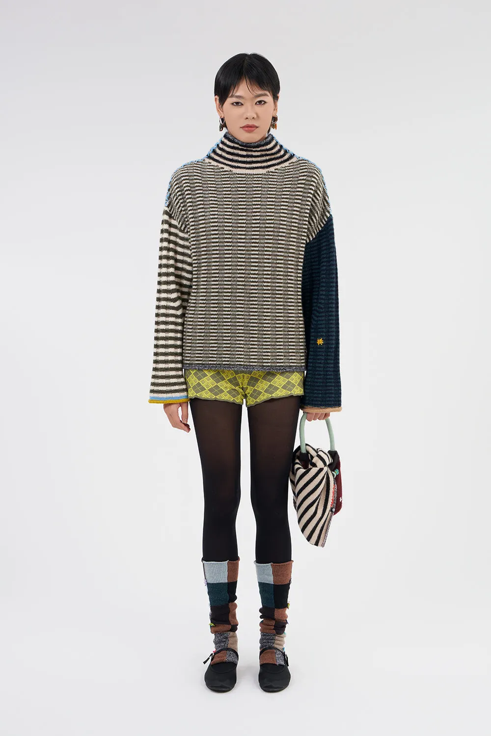 **YANYAN KNITS FOR JOYCE** Oversized Rib Turtleneck Pullover in Military/Navy Stripe Lambswool