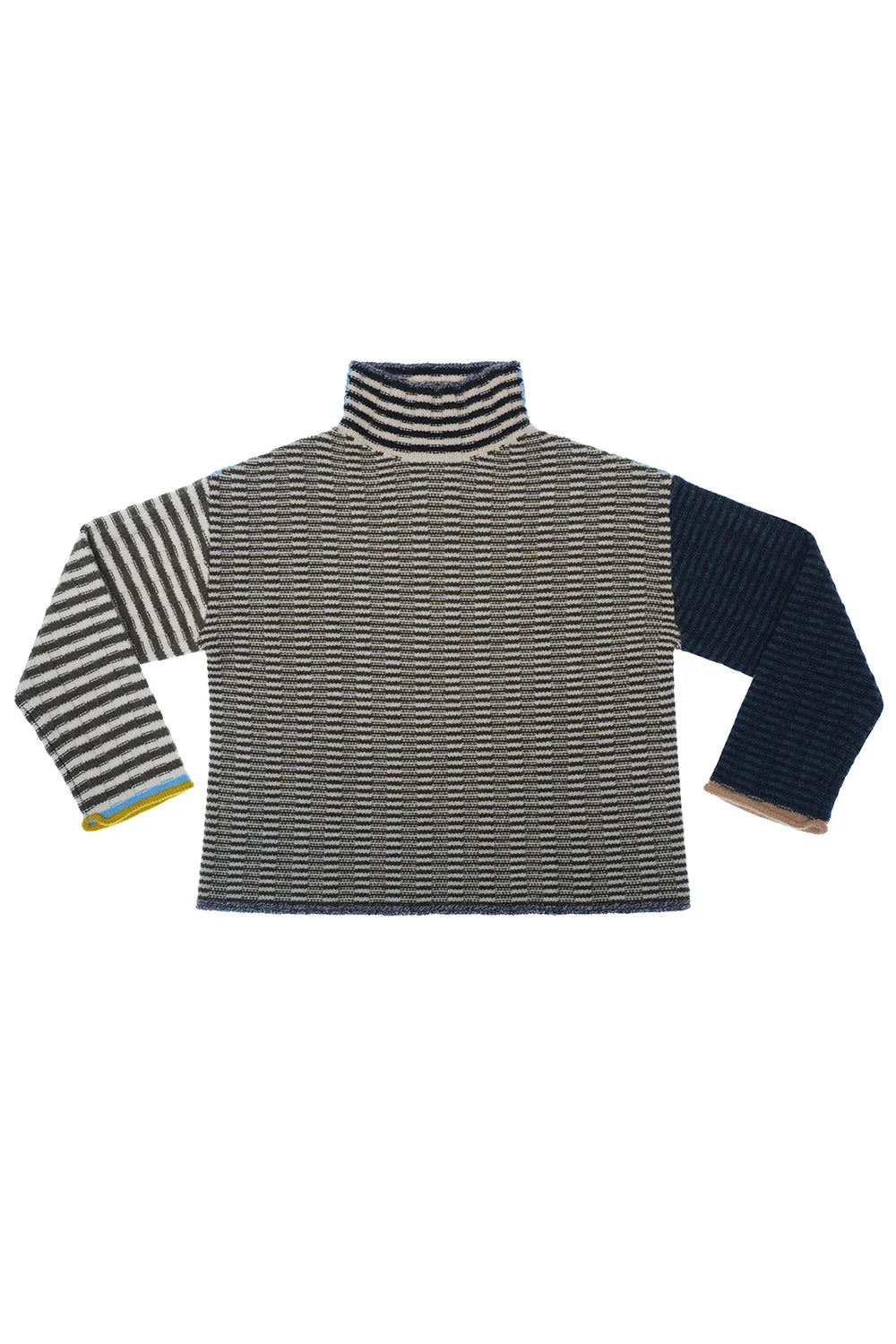 **YANYAN KNITS FOR JOYCE** Oversized Rib Turtleneck Pullover in Military/Navy Stripe Lambswool