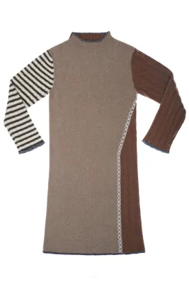 **YANYAN KNITS FOR JOYCE** Turtleneck Midi Dress in Mink/Hazelnut Stripe Lambswool