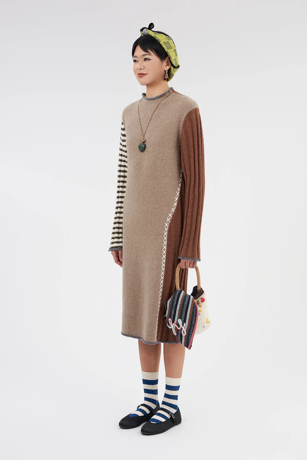 **YANYAN KNITS FOR JOYCE** Turtleneck Midi Dress in Mink/Hazelnut Stripe Lambswool