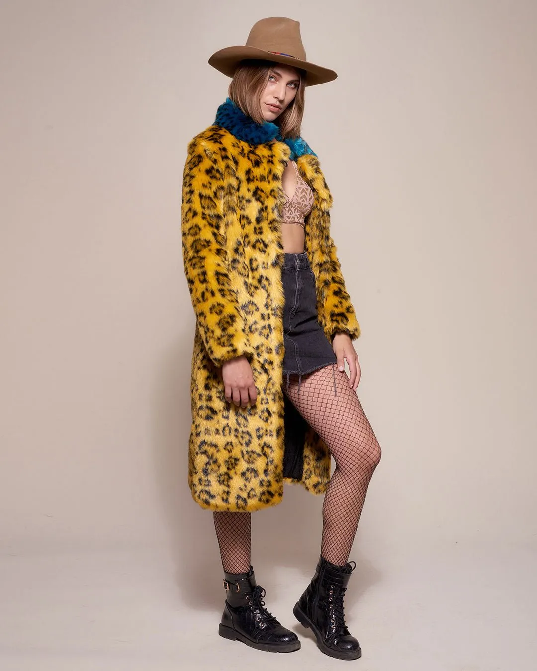 Yellow Cheetah Calf Length Faux Fur Coat | Women's