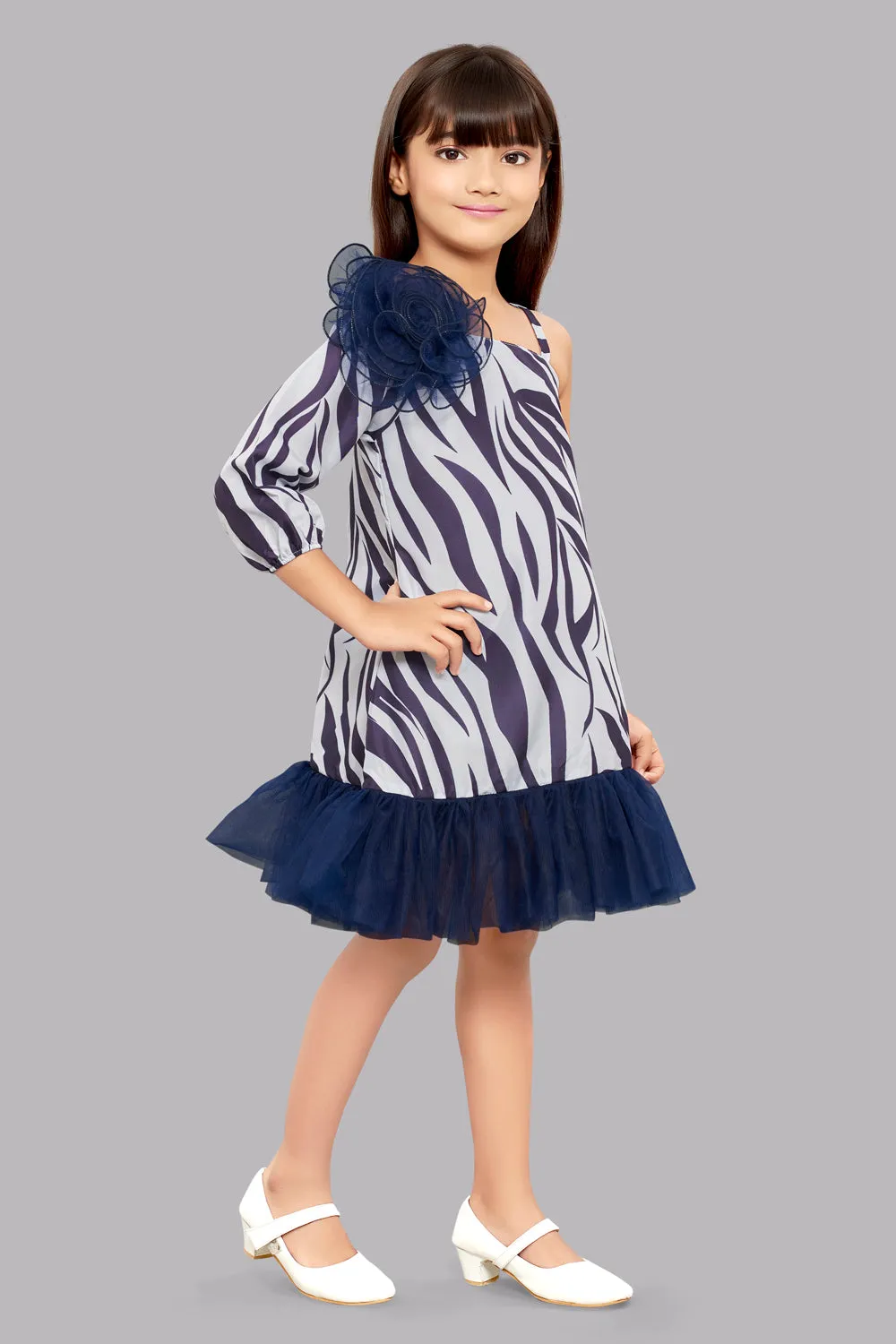 Zebra Aline Dress -Navy Blue